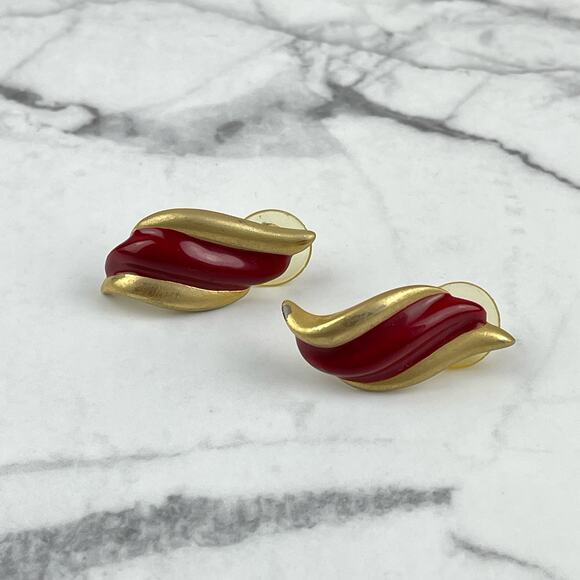VTG 70’s 80’s Bullock’s Morgan Taylor Wavy Earrings Gold Red - Picture 1 of 12